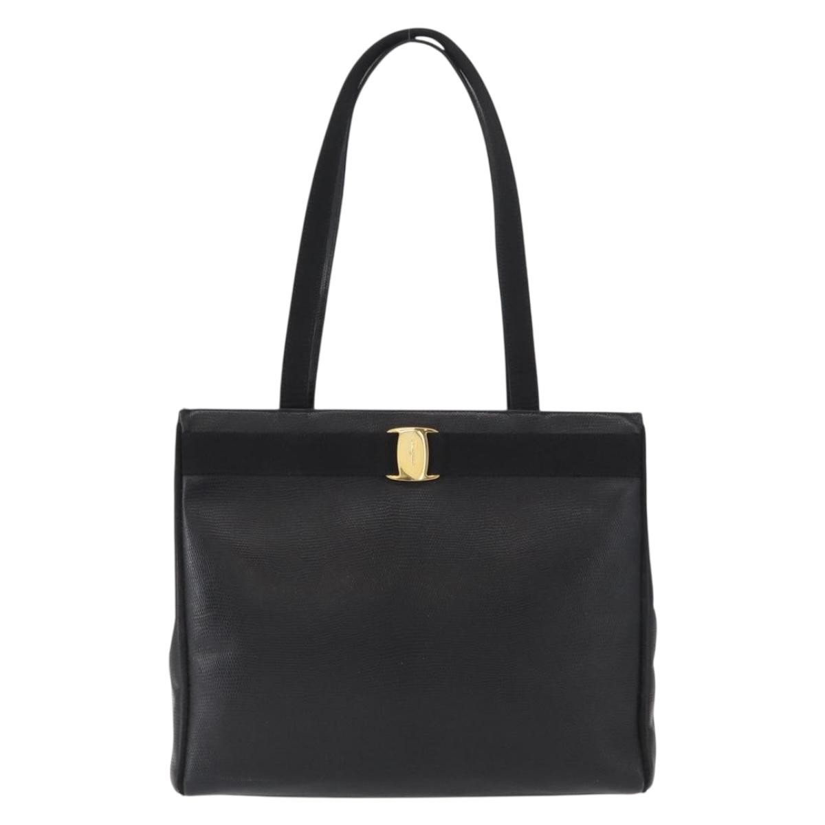 Salvatore Ferragamo Vintage Vara Bow Lizard Embossed Leather Black Leather Tote Bag Bag (Pre-Owned)