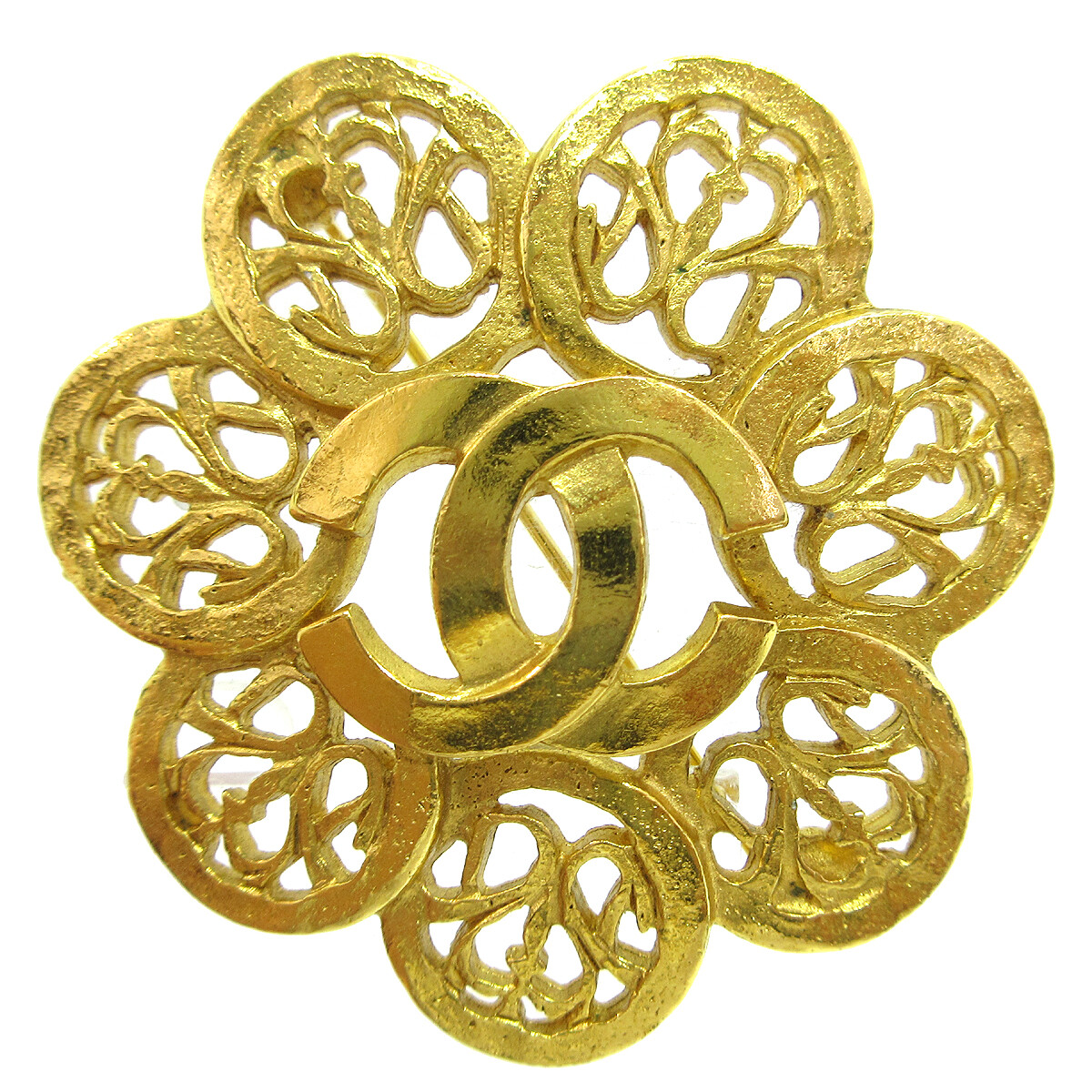 Chanel Vintage Cc Flower Textured Metal Gold Gold_Plated Brooch Jewelry (Pre-Owned)