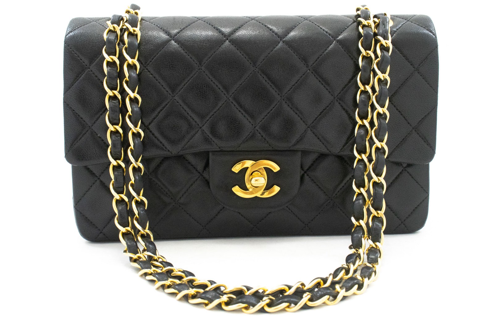 Chanel Vintage Classic Double Flap Quilted Lambskin Black Leather Handbag (Pre-Owned)