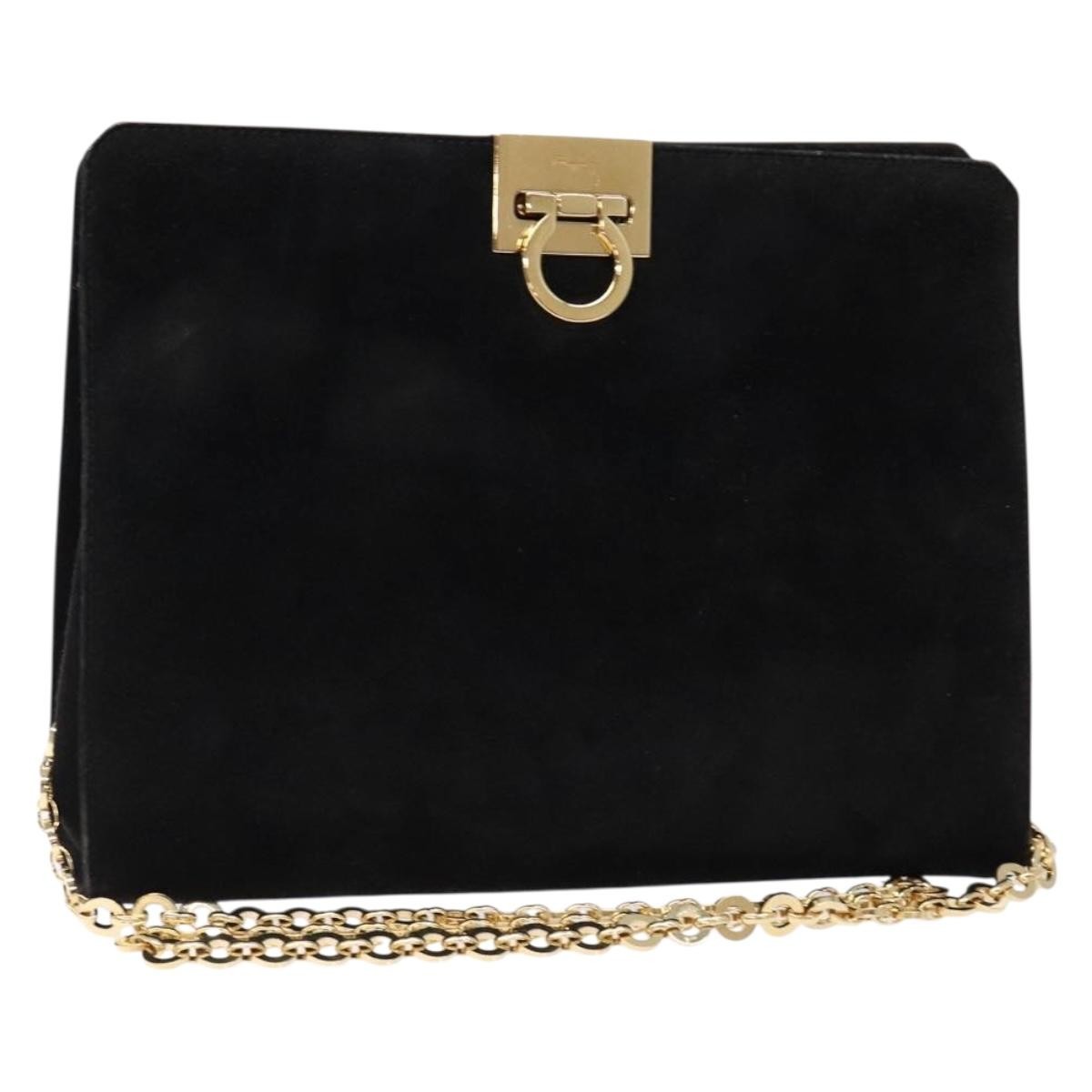 Salvatore Ferragamo Chain Gancini Jacquard With Studded Leather Black Suede Shoulder Bag Bag (Pre-Owned)