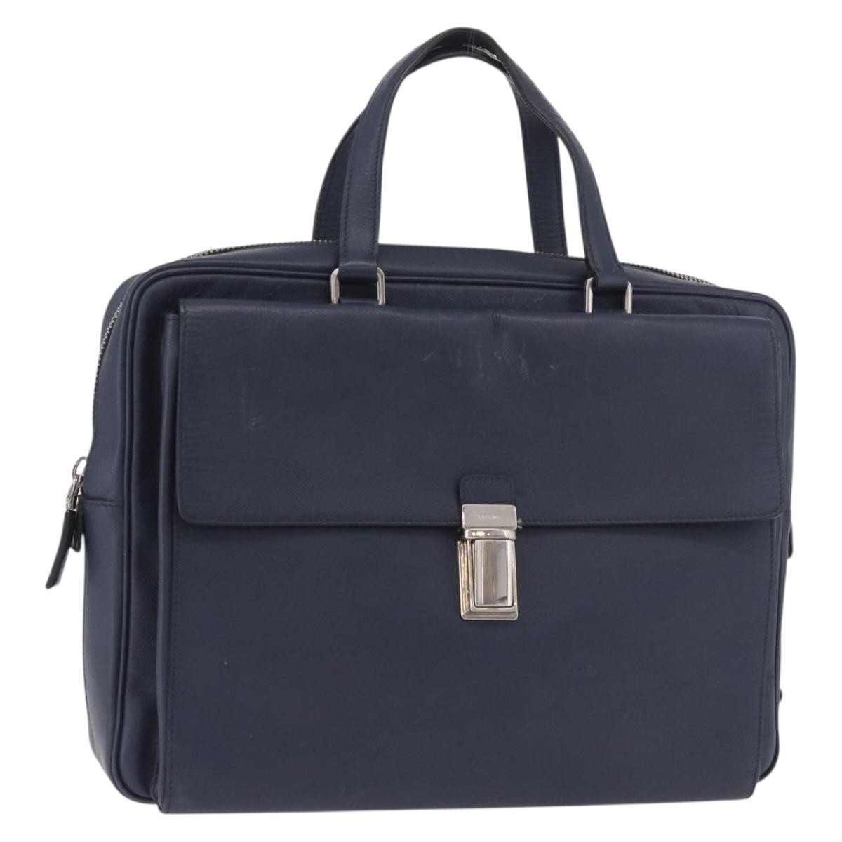 Prada Briefcase Tessuto And Saffiano Leather Blue Leather Briefcase Bag (Pre-Owned)