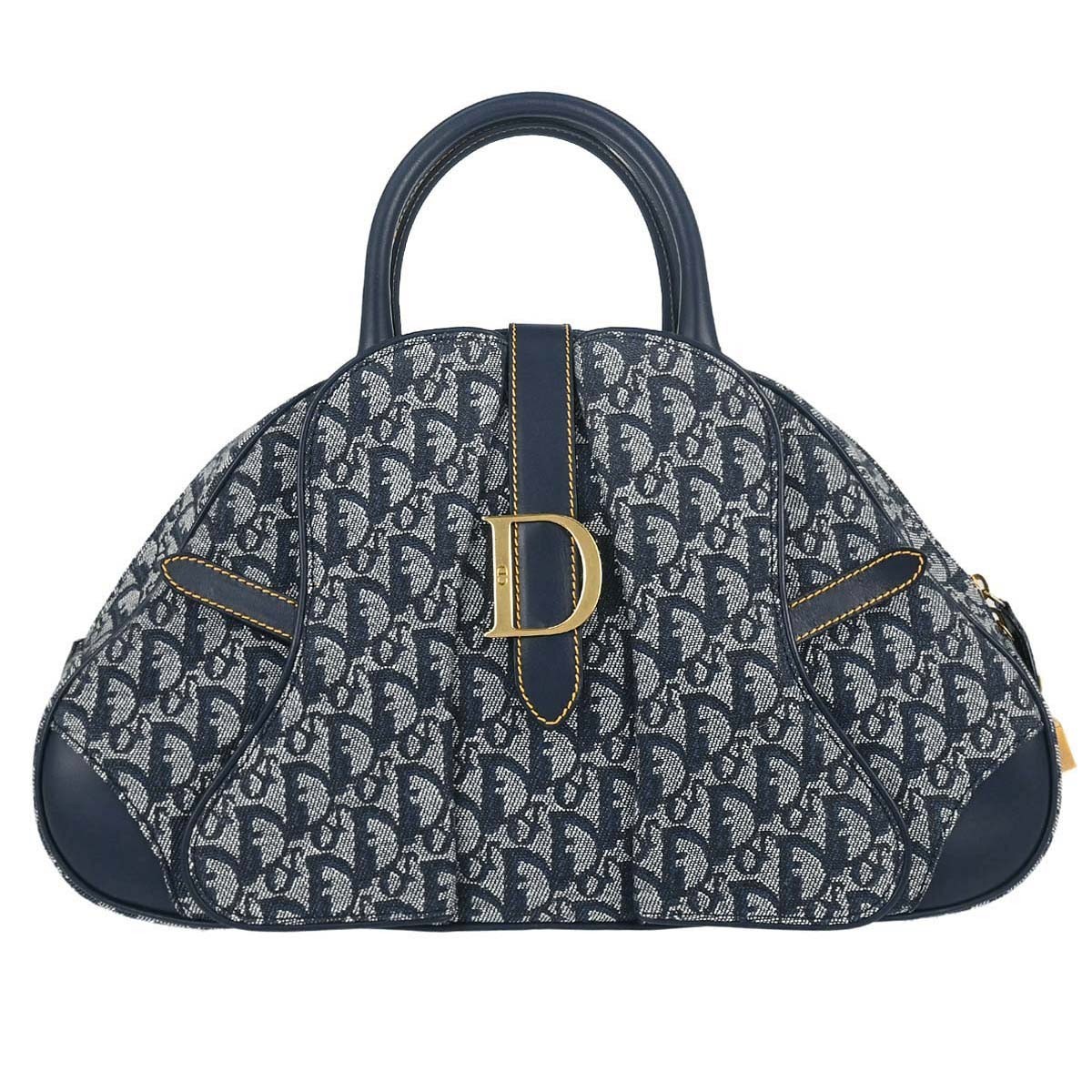 Christian Dior Vintage Saddle Bowler Diorissimo Canvas Navy Canvas Handbag (Pre-Owned)