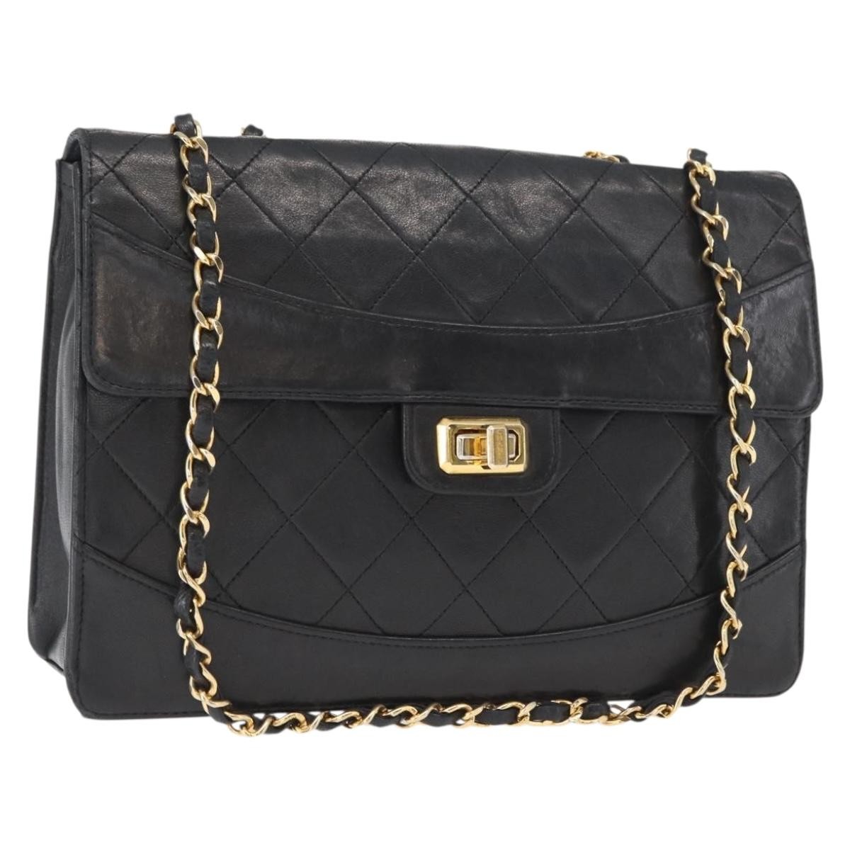 Chanel Vintage Mademoiselle Lock Trapezoid Flap Quilted Lambskin Black Leather Shoulder Bag Bag (Pre-Owned)