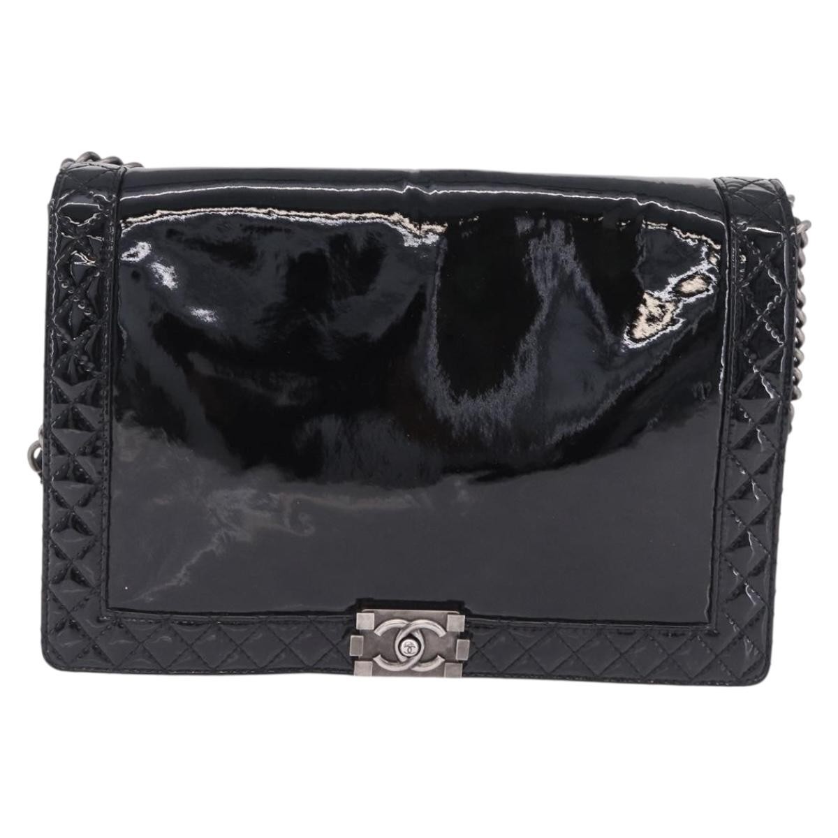 Chanel Reverso Boy Flap Patent Black Patent_Leather Handbag (Pre-Owned)