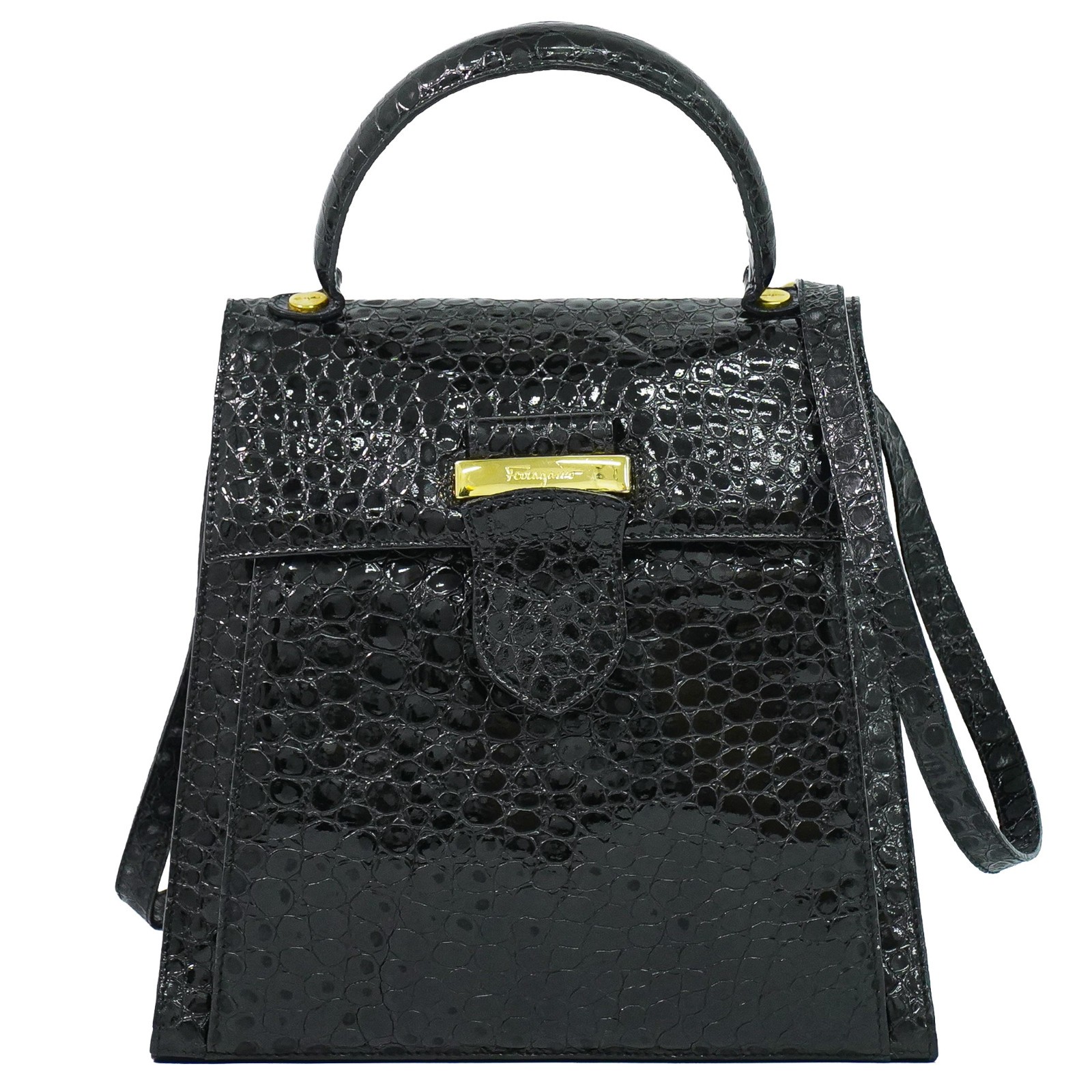 Salvatore Ferragamo Vintage Top Handle Leather Black Patent_Leather Handbag (Pre-Owned)