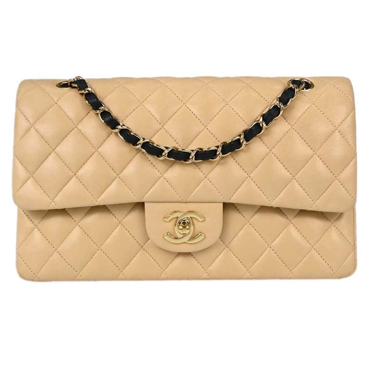 Chanel Classic Timeless Double Flap Quilted Lambskin Beige Leather Shoulder Bag Bag (Pre-Owned)