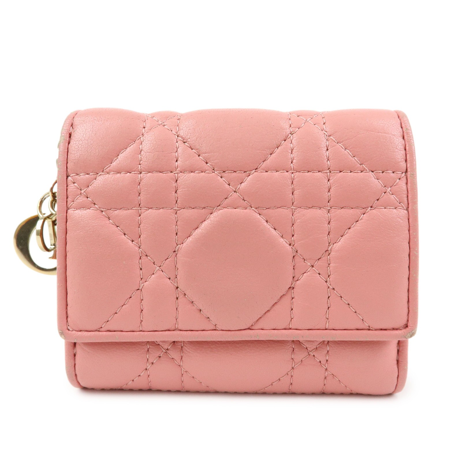 Christian Dior Lady Dior Trifold Cannage Embossed Patent Pink Leather Wallets Accessory (Pre-Owned)