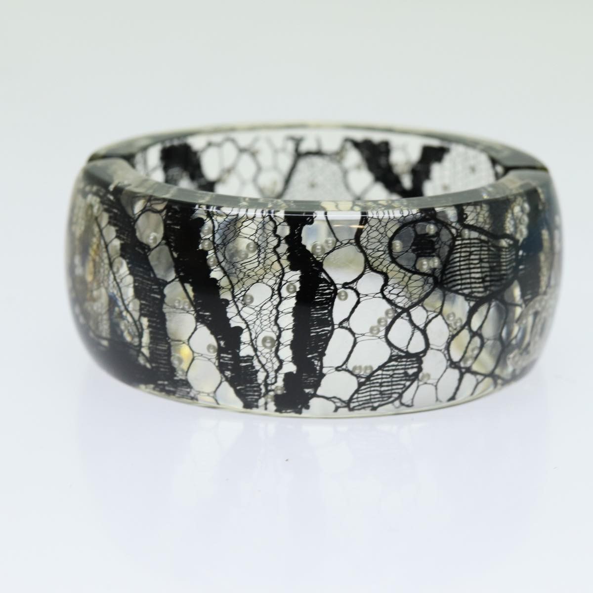 Chanel Cc Hinged Bangle Resin With Lace And Faux Pearls Black Plastic Bracelet Jewelry (Pre-Owned)