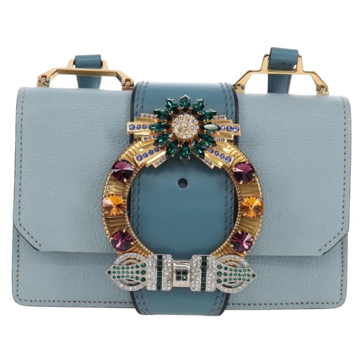 Miu Miu Madras Crystal Buckle Leather Blue Leather Shoulder Bag Bag (Pre-Owned)