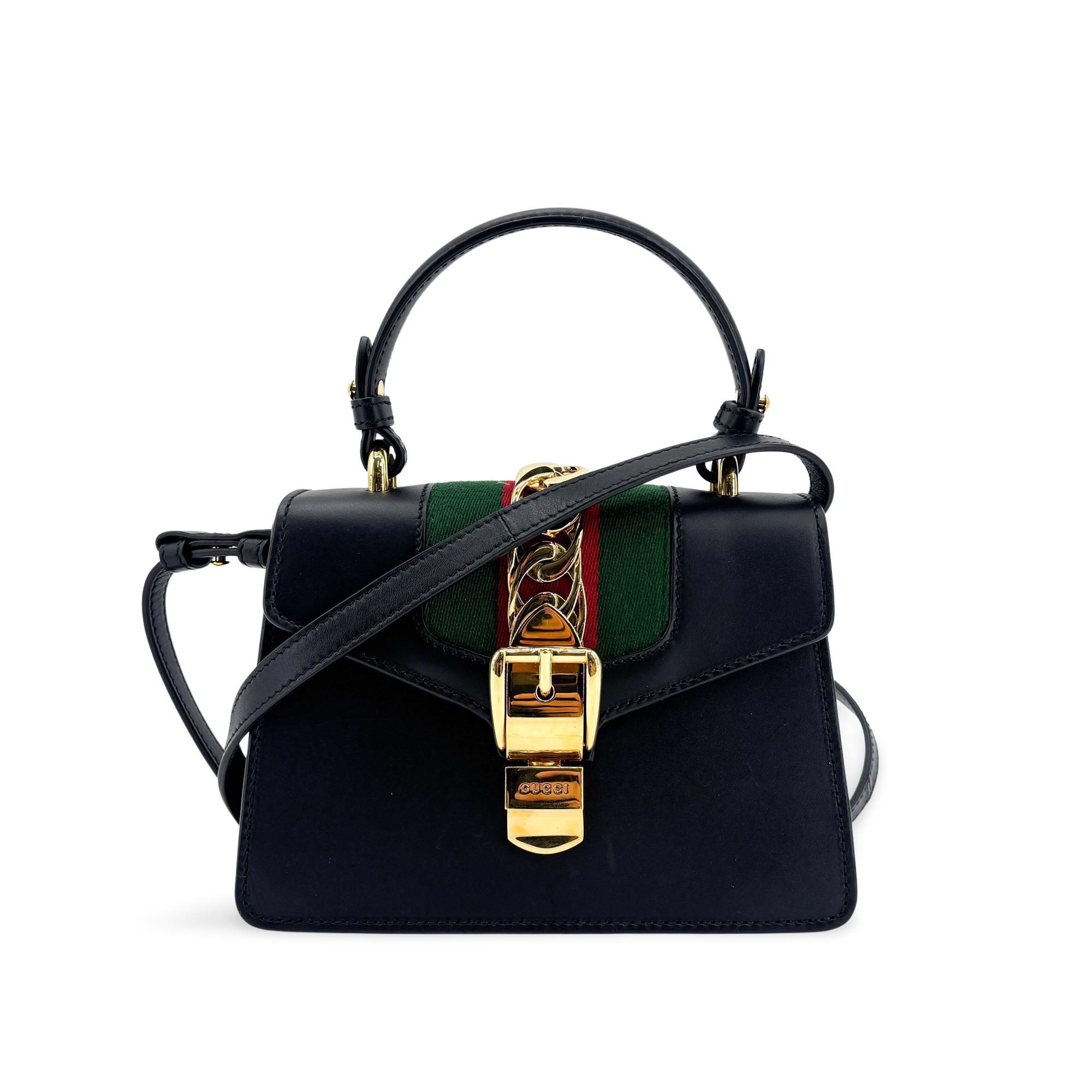 Gucci Sylvie Top Handle Bag Leather Black Leather Handbag (Pre-Owned)