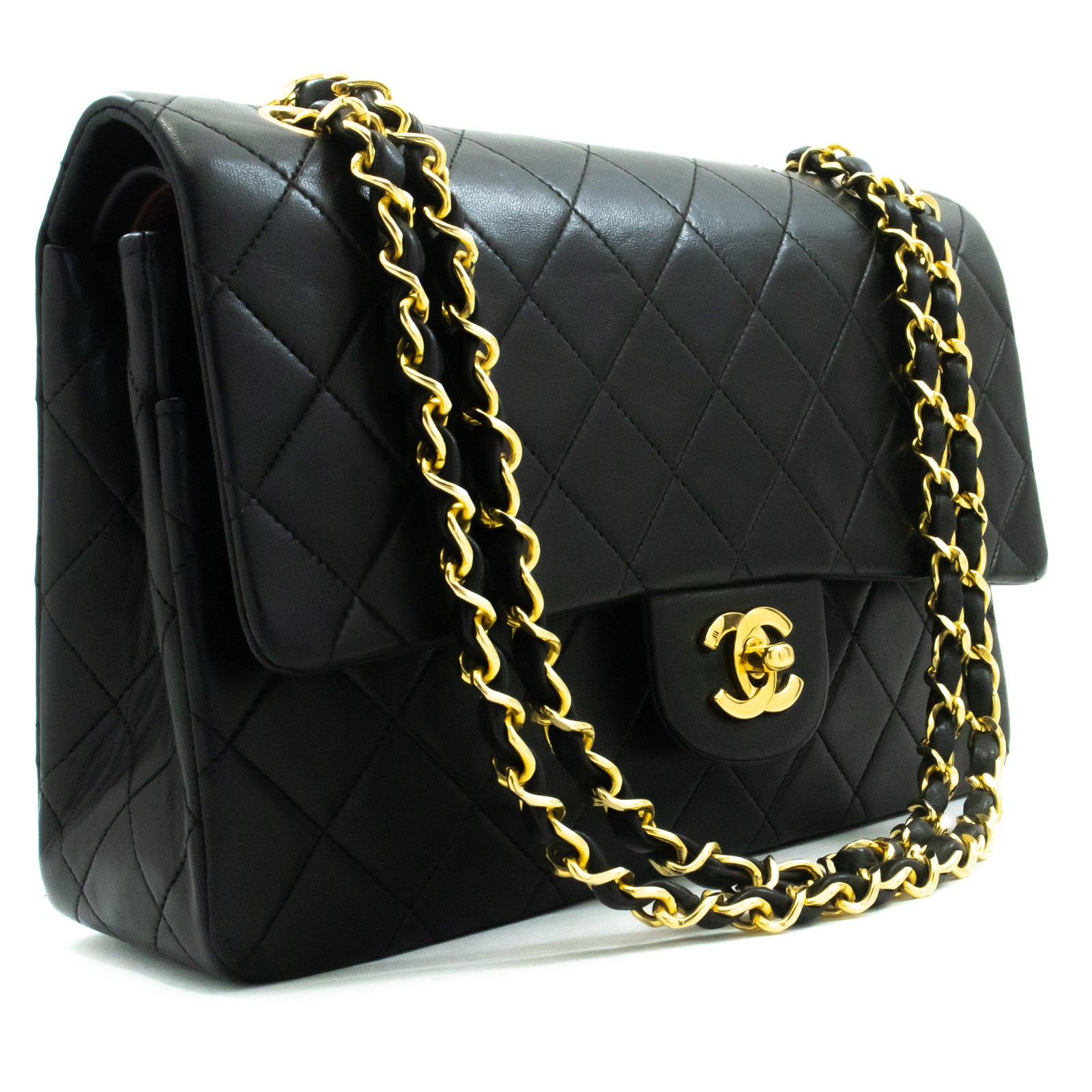 Chanel Timeless - Classic Double Flap Quilted Lambskin Black Leather Handbag (Pre-Owned)