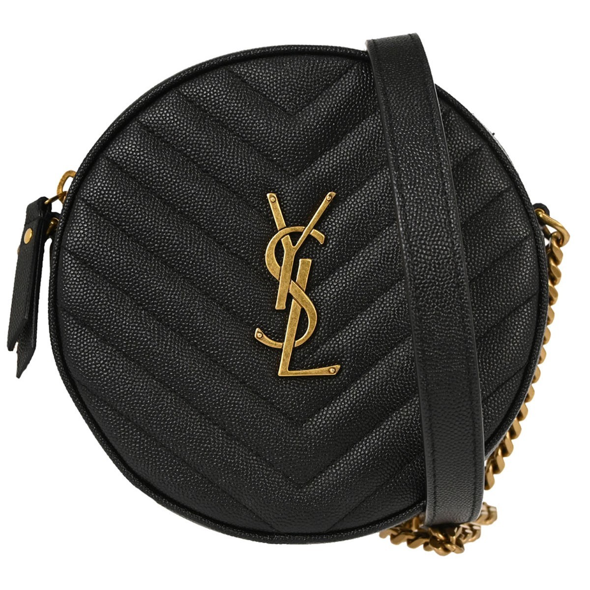 Saint Laurent Vinyle Round Belt Matelasse Chevron Leather Black Leather Clutche & Pouche Bag (Pre-Owned)
