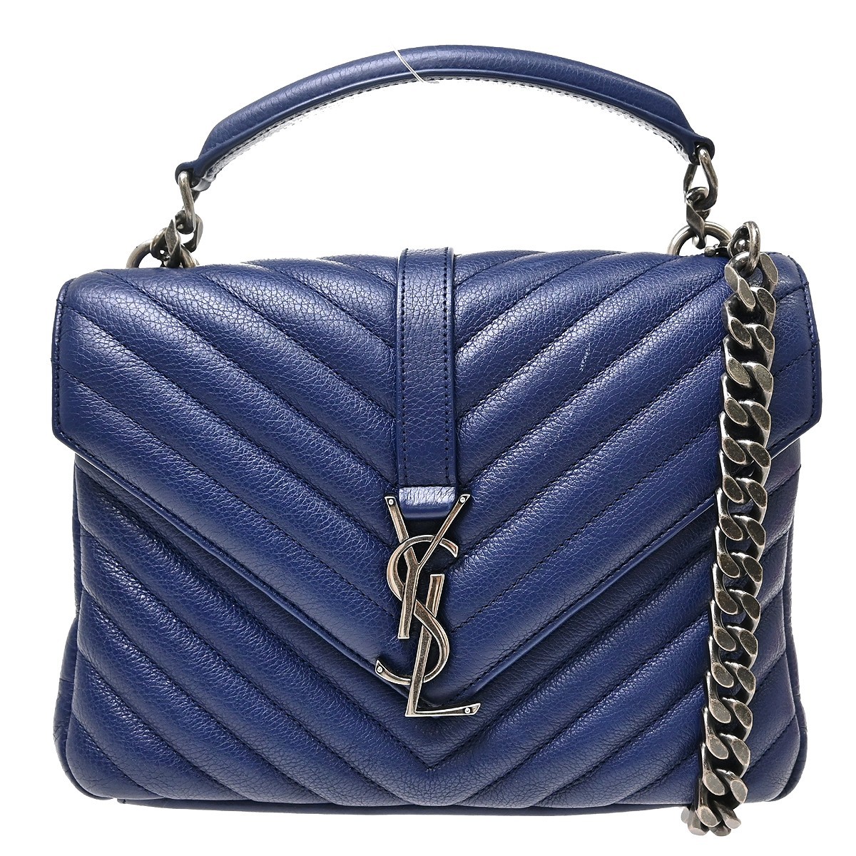 Saint Laurent Classic Monogram College Matelasse Chevron Leather Blue Leather Handbag (Pre-Owned)