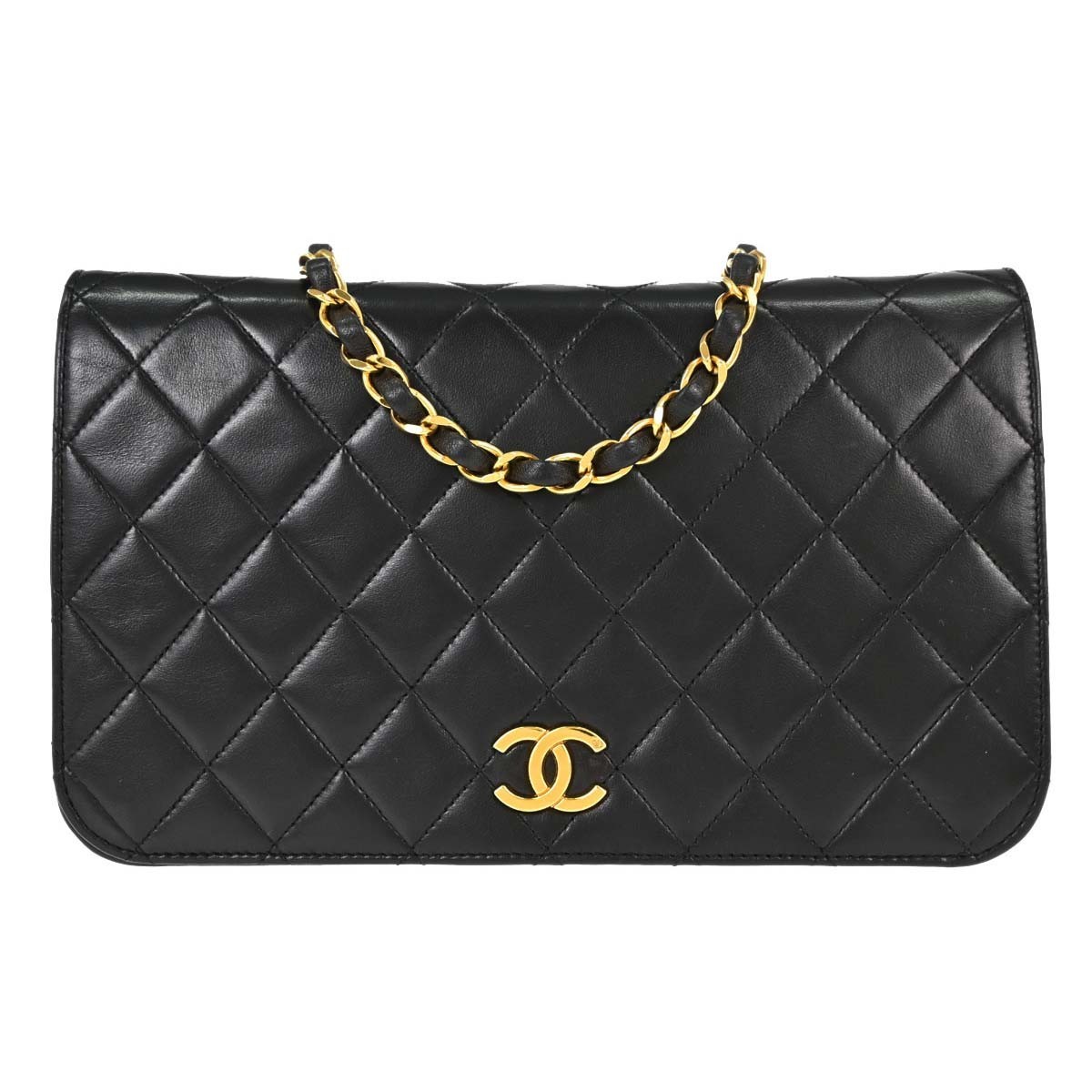 Chanel Vintage Full Flap Quilted Lambskin Black Leather Shoulder Bag Bag (Pre-Owned)