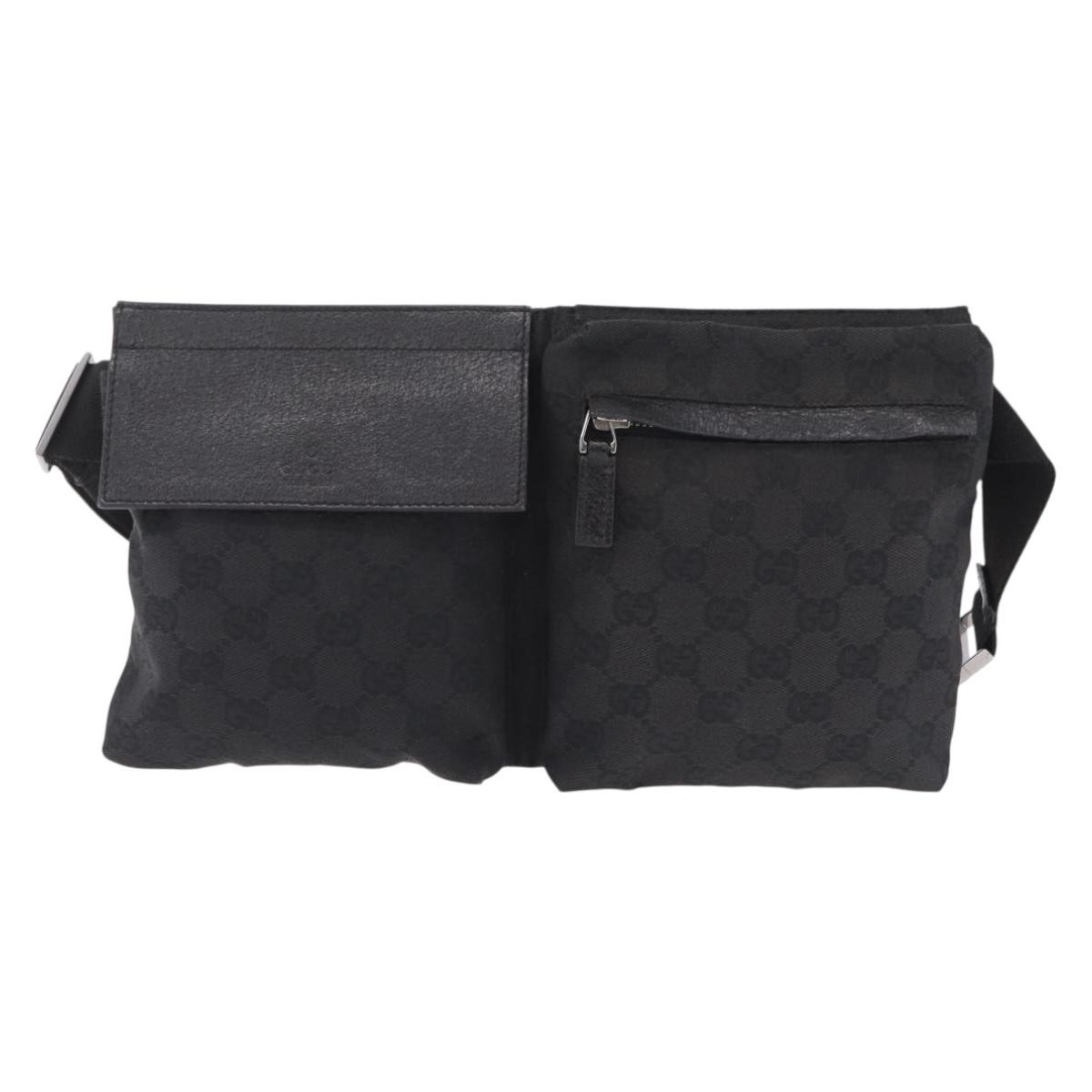 Gucci Two Pocket Belt Bag Gg Canvas Black Canvas Handbag (Pre-Owned)