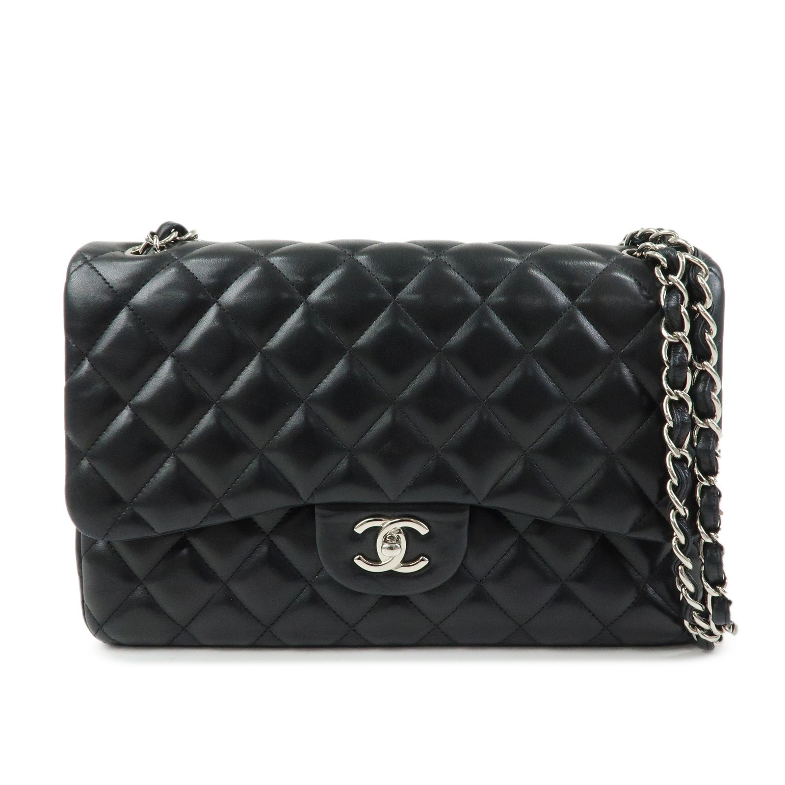 Chanel Classic Timeless Double Flap Quilted Lambskin Black Leather Handbag (Pre-Owned)