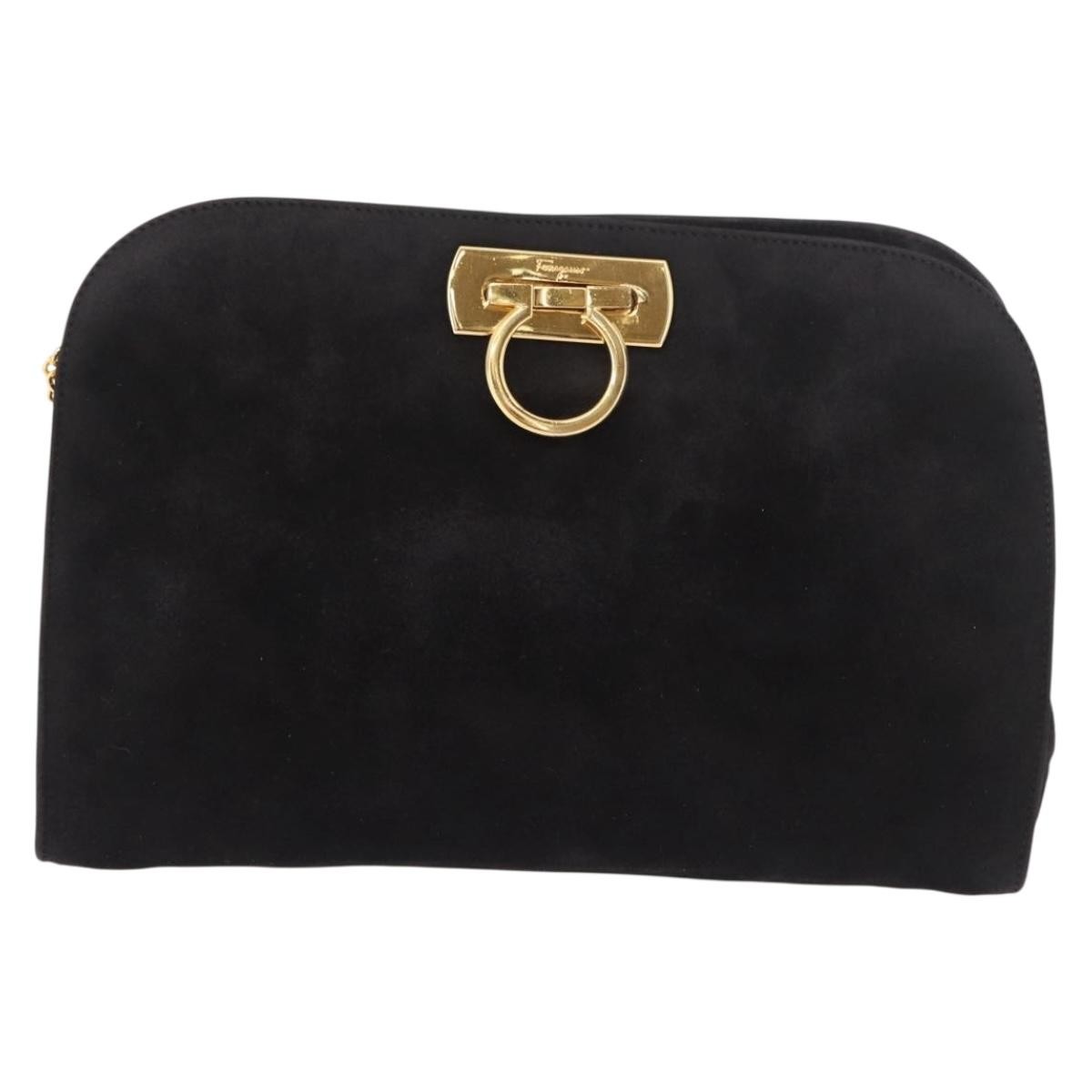 Salvatore Ferragamo Chain Gancini Jacquard With Studded Leather Black Suede Shoulder Bag Bag (Pre-Owned)