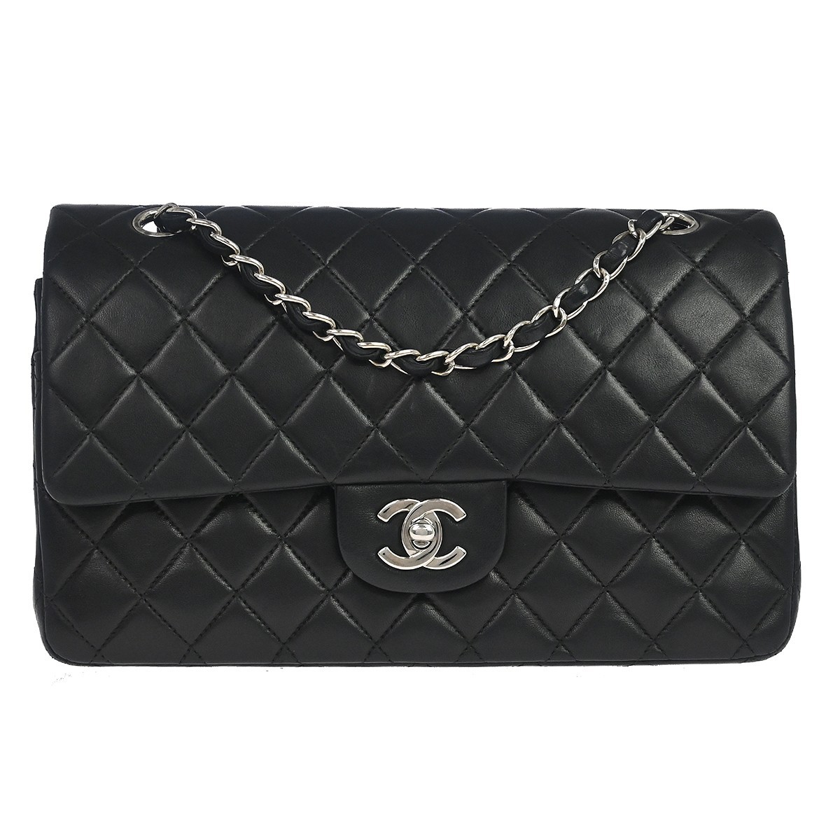 Chanel Classic Timeless Double Flap Quilted Lambskin Black Leather Handbag (Pre-Owned)