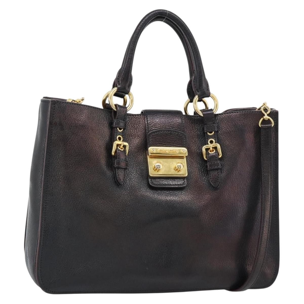 Miu Miu Madras Convertible Lock Leather Black Leather Tote Bag Bag (Pre-Owned)
