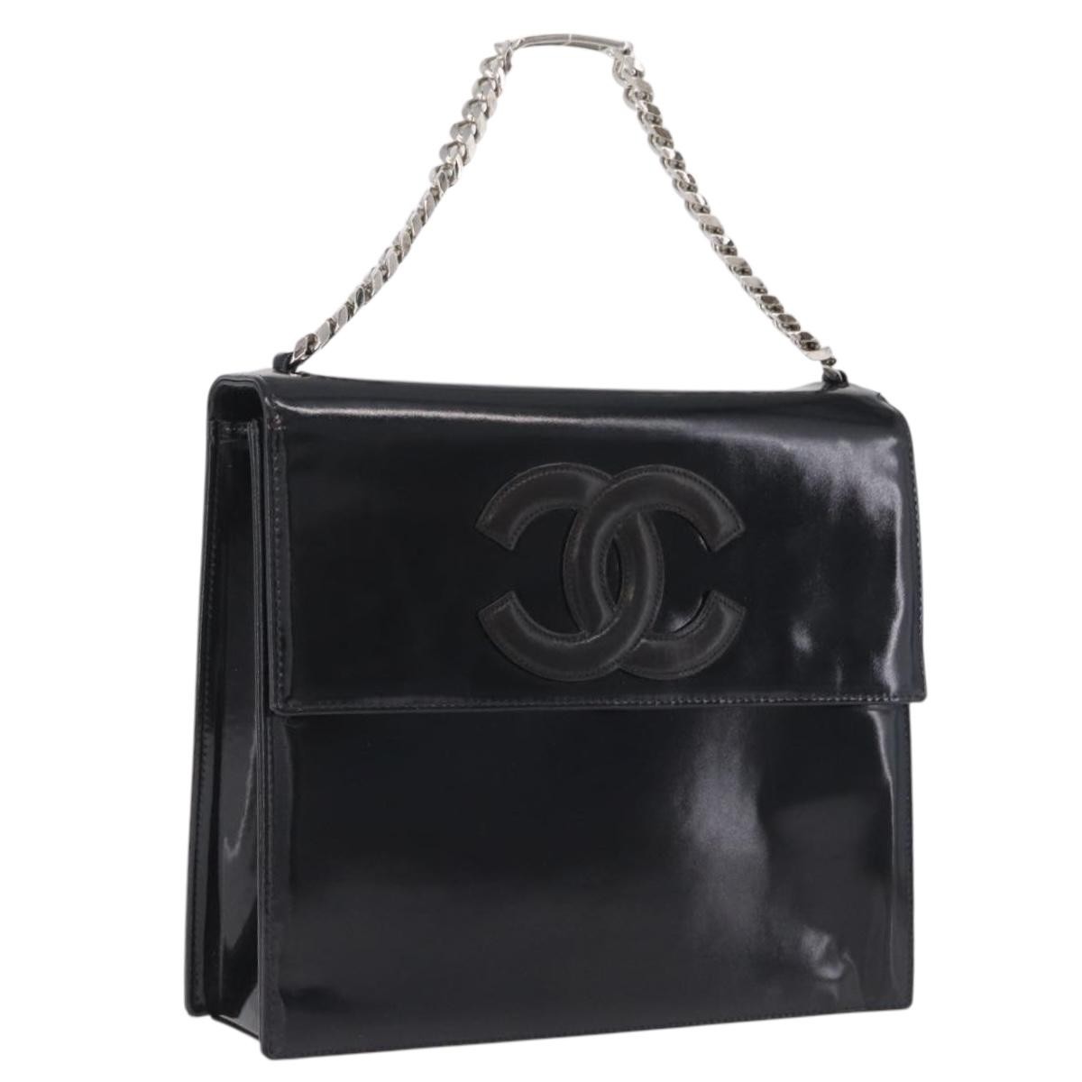 Chanel Vintage Cc Box Flap Leather Black Patent_Leather Handbag (Pre-Owned)