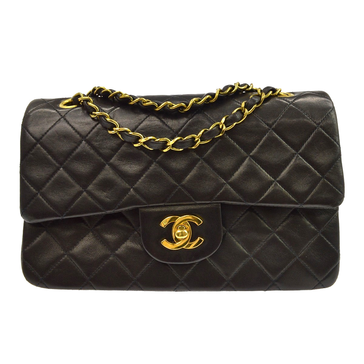 Chanel Classic Timeless Double Flap Quilted Lambskin Black Leather Handbag (Pre-Owned)