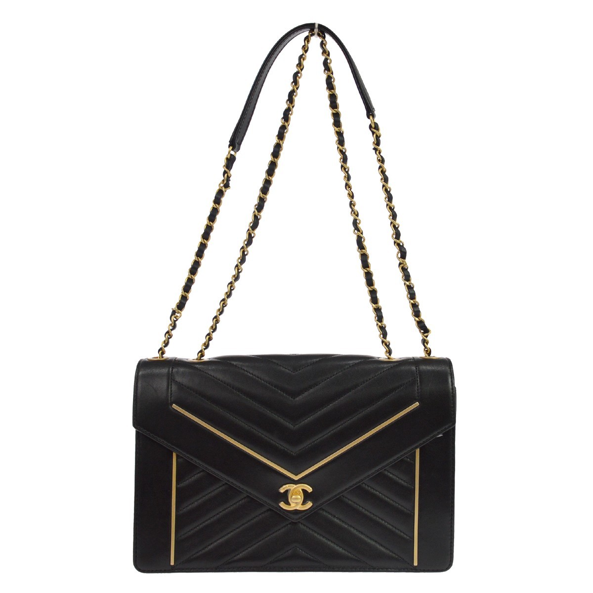Chanel Reversed Flap Chevron Lambskin Black Leather Handbag (Pre-Owned)