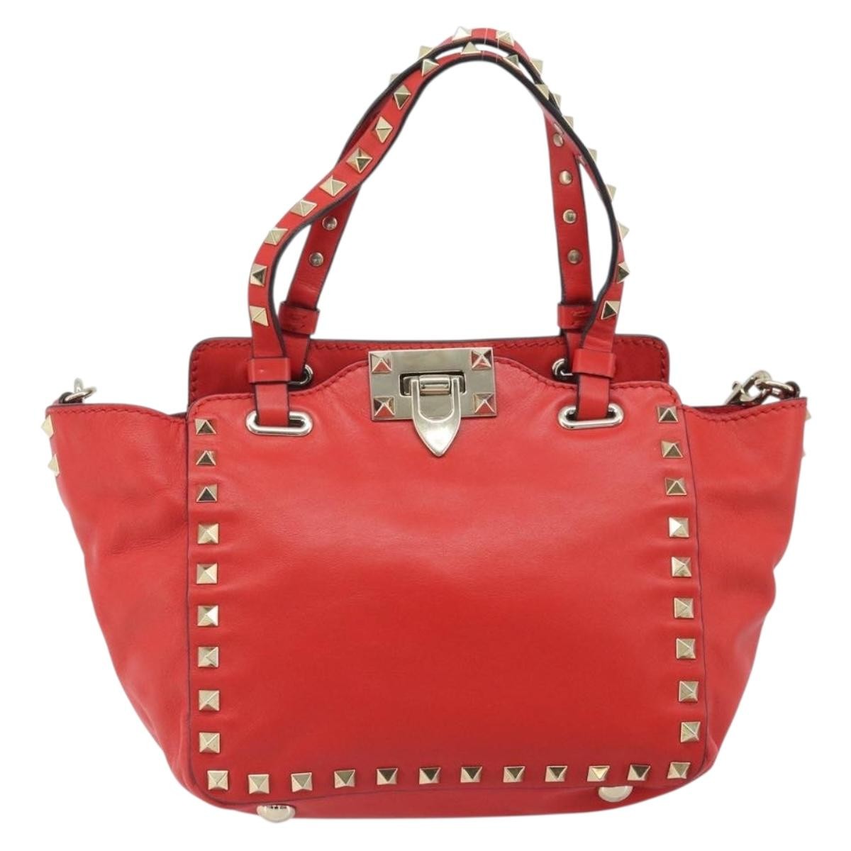 Valentino Garavani 1975 Rockstud Striped Leather Red Leather Tote Bag Bag (Pre-Owned)
