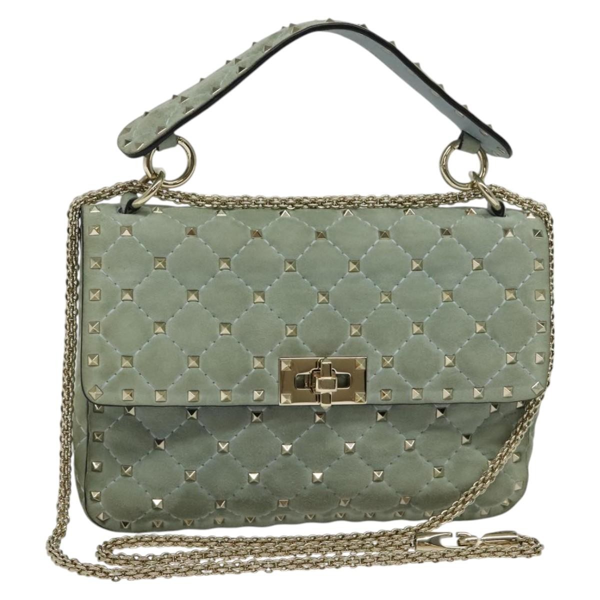 Valentino Garavani Rockstud Spike Flap Quilted Suede Blue Suede Shoulder Bag Bag (Pre-Owned)