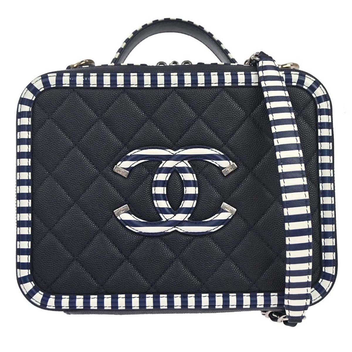 Chanel Filigree Vanity Case Quilted Caviar With Striped Leather Navy Leather Clutche & Pouche Bag (Pre-Owned)