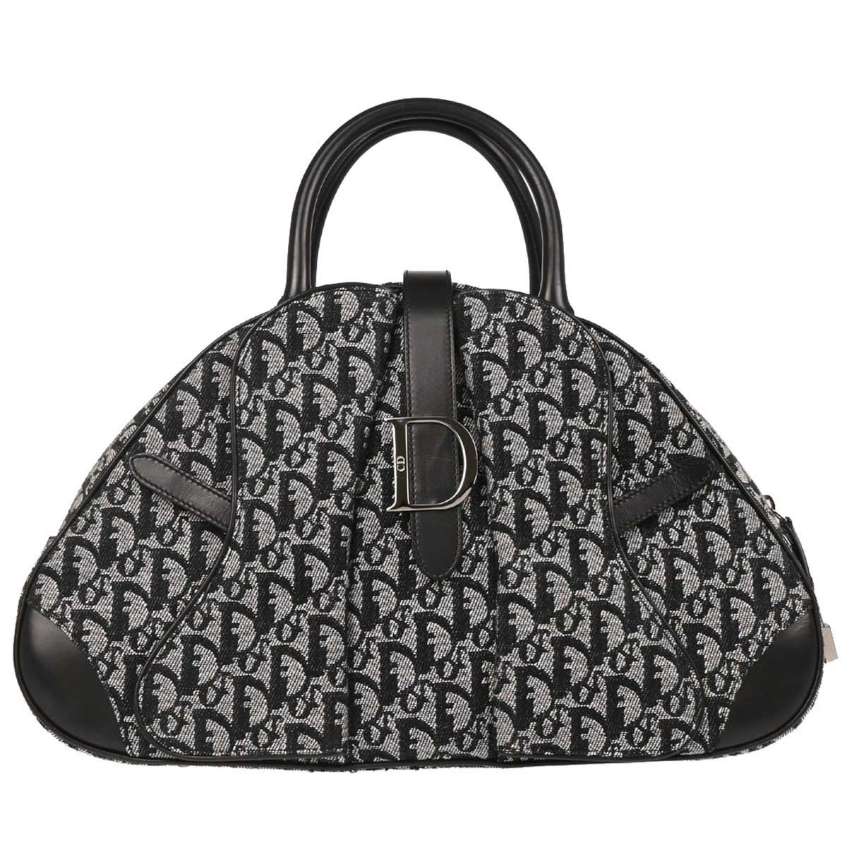Christian Dior Vintage Saddle Bowler Diorissimo Canvas Black Canvas Handbag (Pre-Owned)