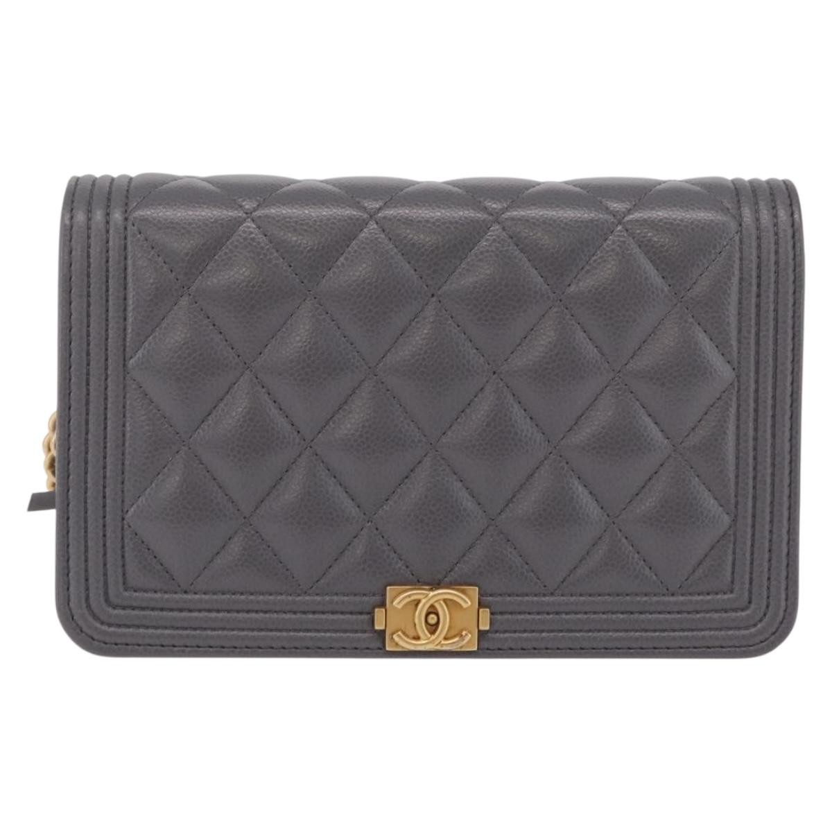 Chanel Boy Wallet On Chain Quilted Caviar Gray Leather Crossbody Bag Bag (Pre-Owned)