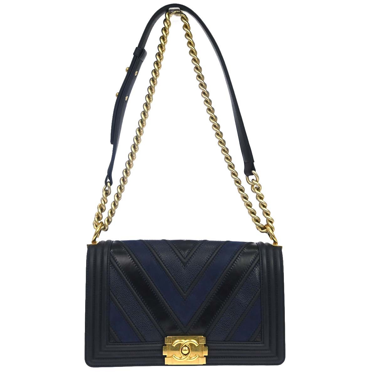 Chanel Boy Flap Chevron Caviar And Calfskin Navy Leather Handbag (Pre-Owned)