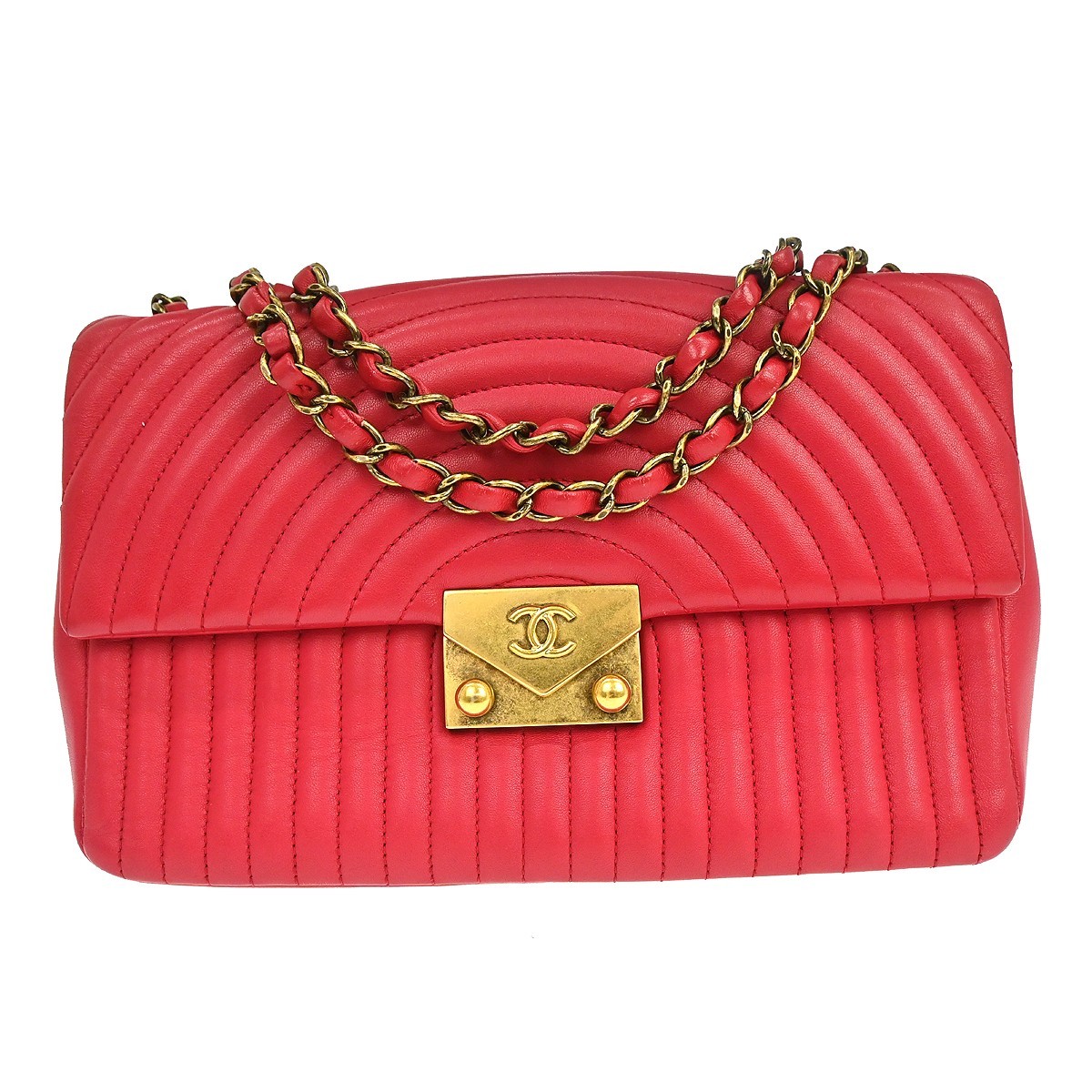 Chanel Surpique Chevron Cc Flap Quilted Lambskin Red Leather Handbag (Pre-Owned)