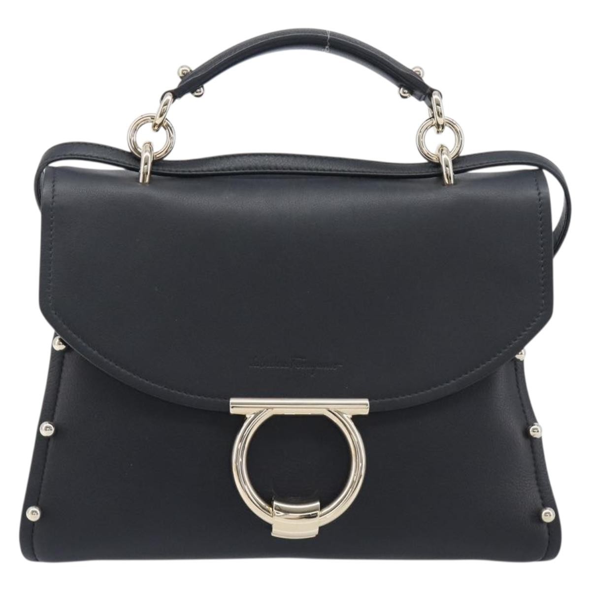 Salvatore Ferragamo Margot Satchel Studded Leather Black Leather Handbag (Pre-Owned)