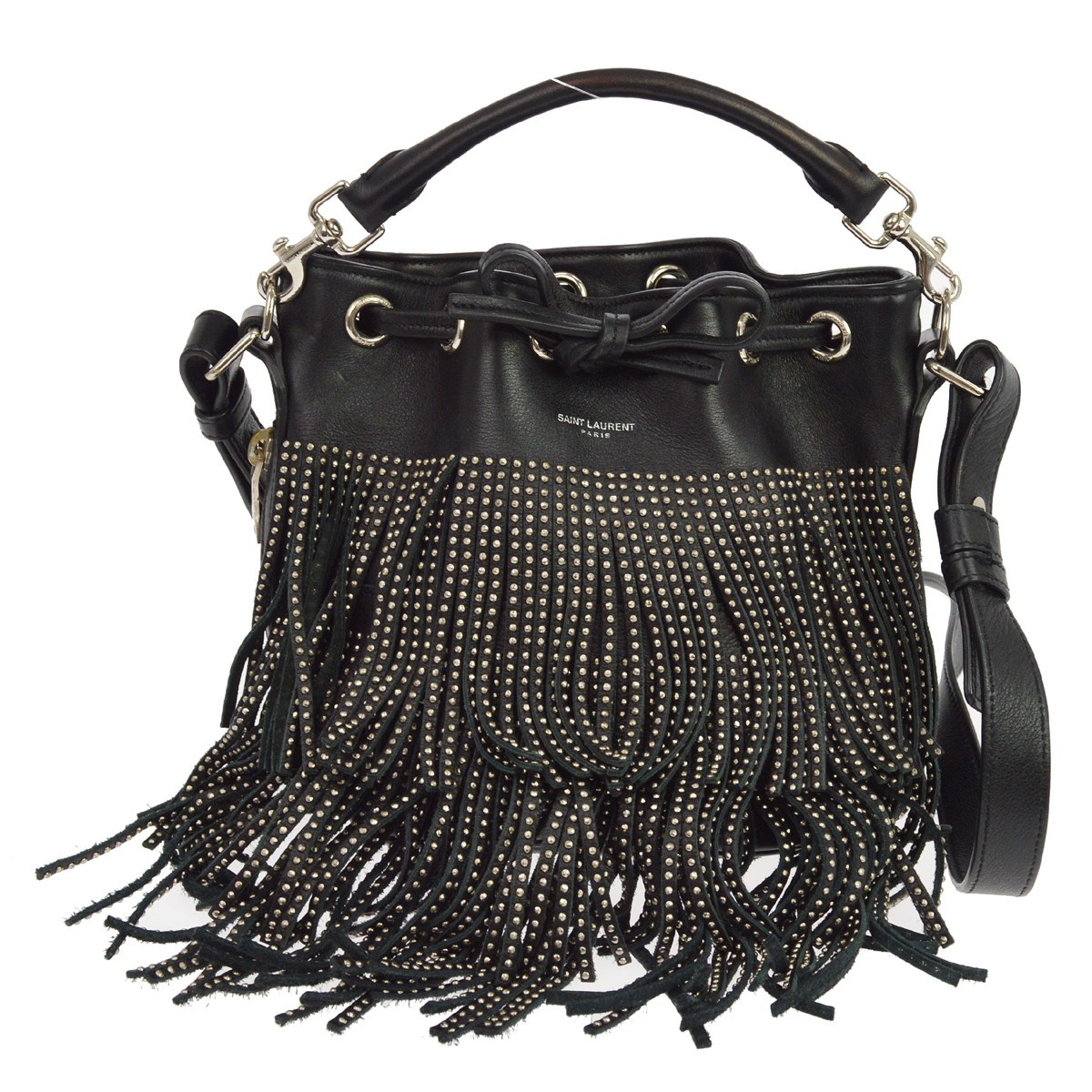 Saint Laurent Fringe Emmanuelle Bucket Studded Leather Black Leather Handbag (Pre-Owned)