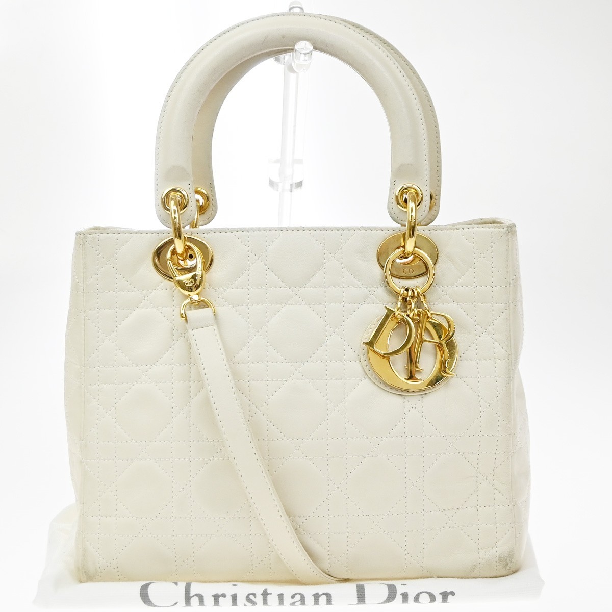 Christian Dior Lady Dior Cannage Quilt Leather White Leather Handbag (Pre-Owned)
