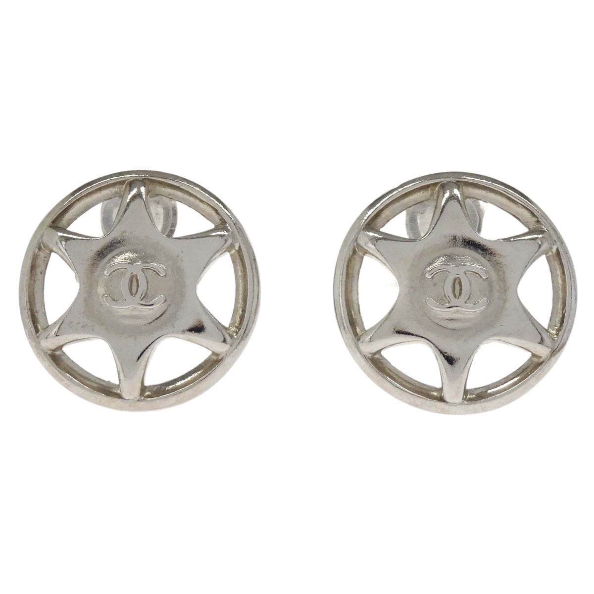 Chanel Vintage Cut-Out Cc Clip-On Metal Silver Silver_Plated Earrings Jewelry (Pre-Owned)