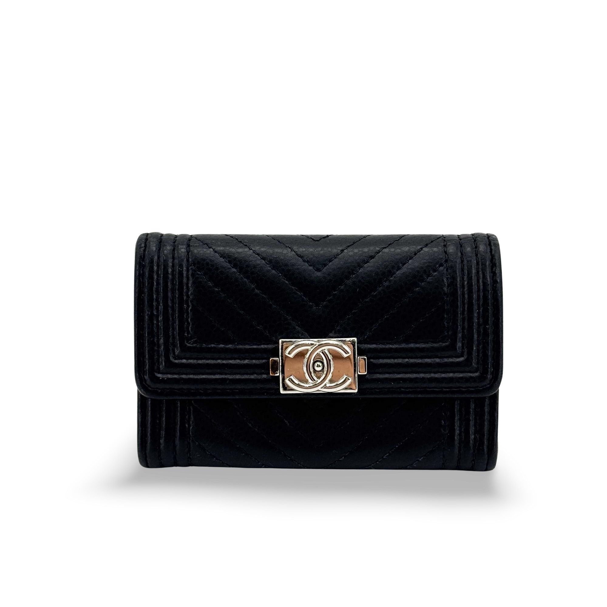 Chanel Boy Trifold Flap Chevron Caviar Black Leather Wallets Accessory (Pre-Owned)