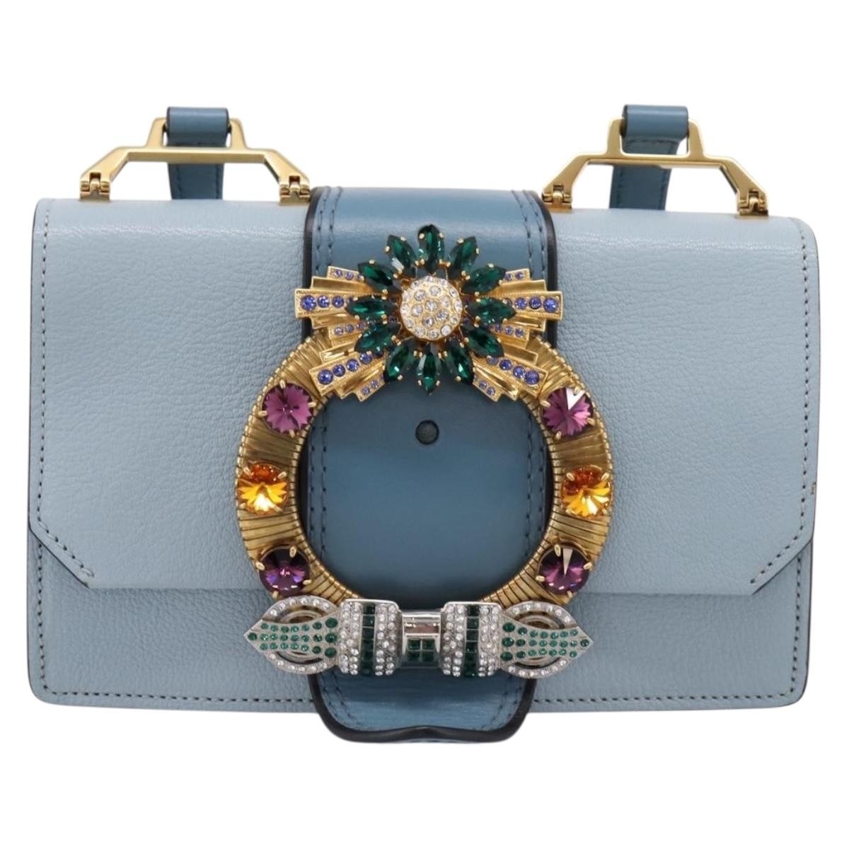 Miu Miu Madras Crystal Buckle Leather Blue Leather Shoulder Bag Bag (Pre-Owned)