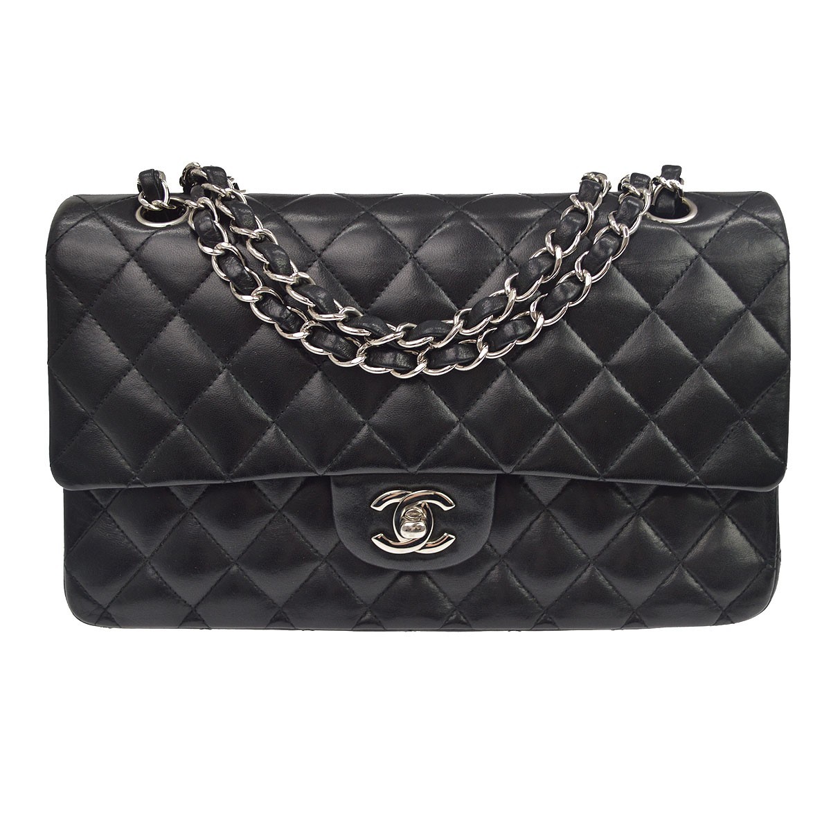 Chanel Classic Timeless Double Flap Quilted Lambskin Black Leather Handbag (Pre-Owned)