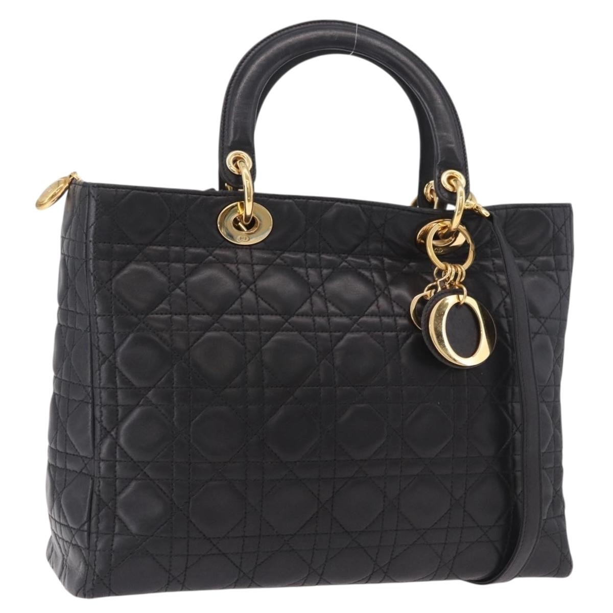 Christian Dior Vintage Lady Dior Cannage Quilt Nylon Black Leather Handbag (Pre-Owned)