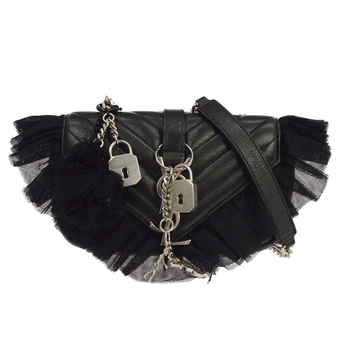 Saint Laurent Loulou Puffer Leather & Tulle Black Leather Shoulder Bag Bag (Pre-Owned)