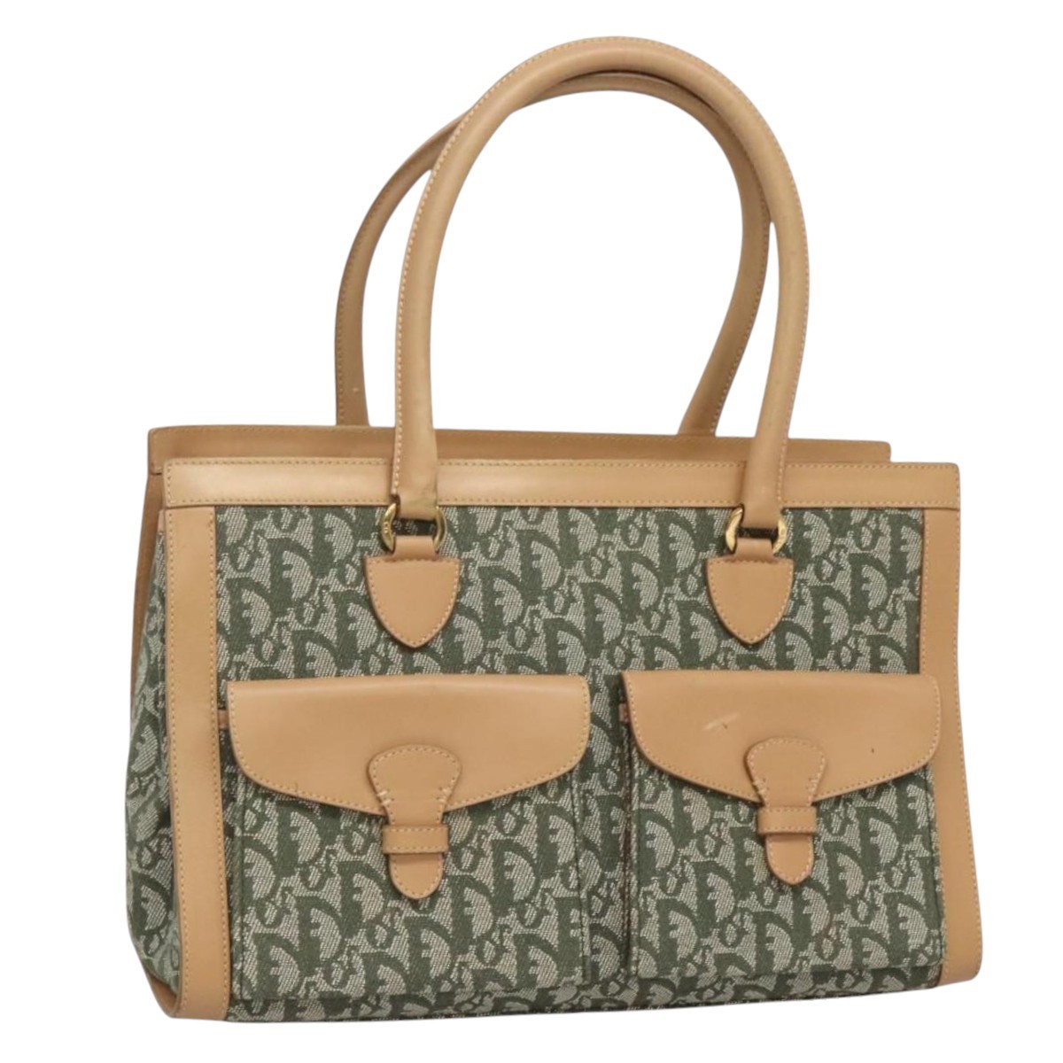 Christian Dior Vintage Trotter Double Pocket Diorissimo Canvas Khaki Canvas Tote Bag Bag (Pre-Owned)