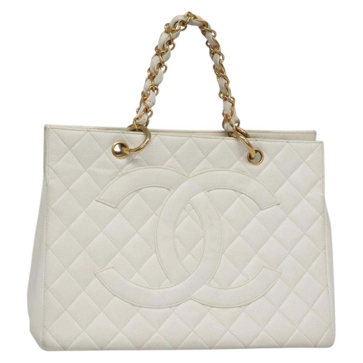 Chanel Vintage Grand Shopping Quilted Caviar White Leather Tote Bag Bag (Pre-Owned)