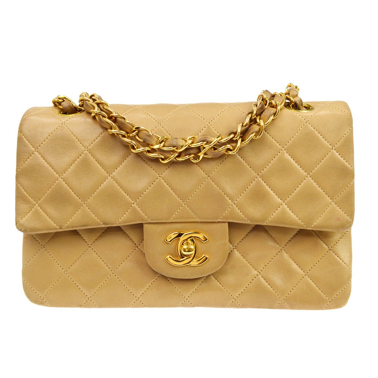 Chanel Timeless - Classic Double Flap Quilted Lambskin Beige Leather Handbag (Pre-Owned)