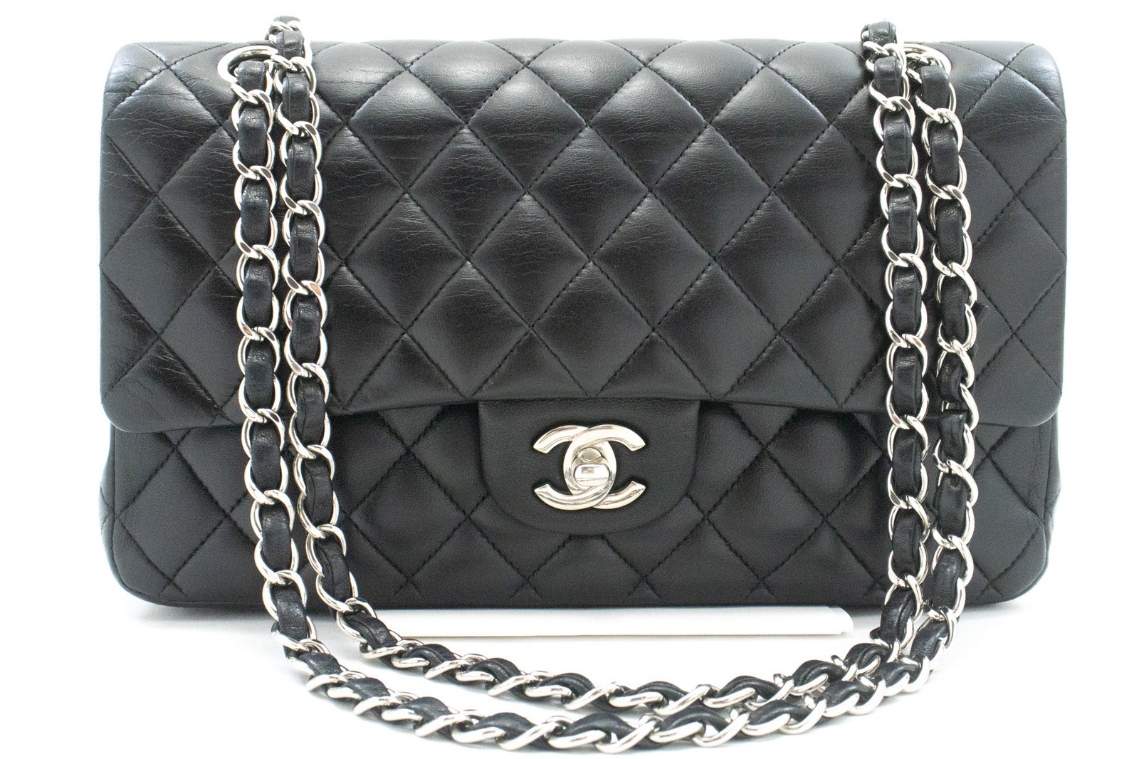 Chanel Classic Timeless Double Flap Quilted Lambskin Black Leather Handbag (Pre-Owned)