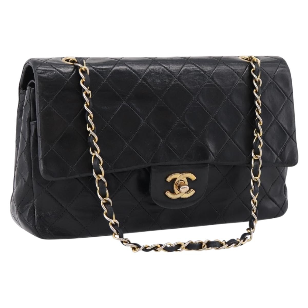 Chanel Timeless - Classic Double Flap Quilted Lambskin Black Leather Handbag (Pre-Owned)