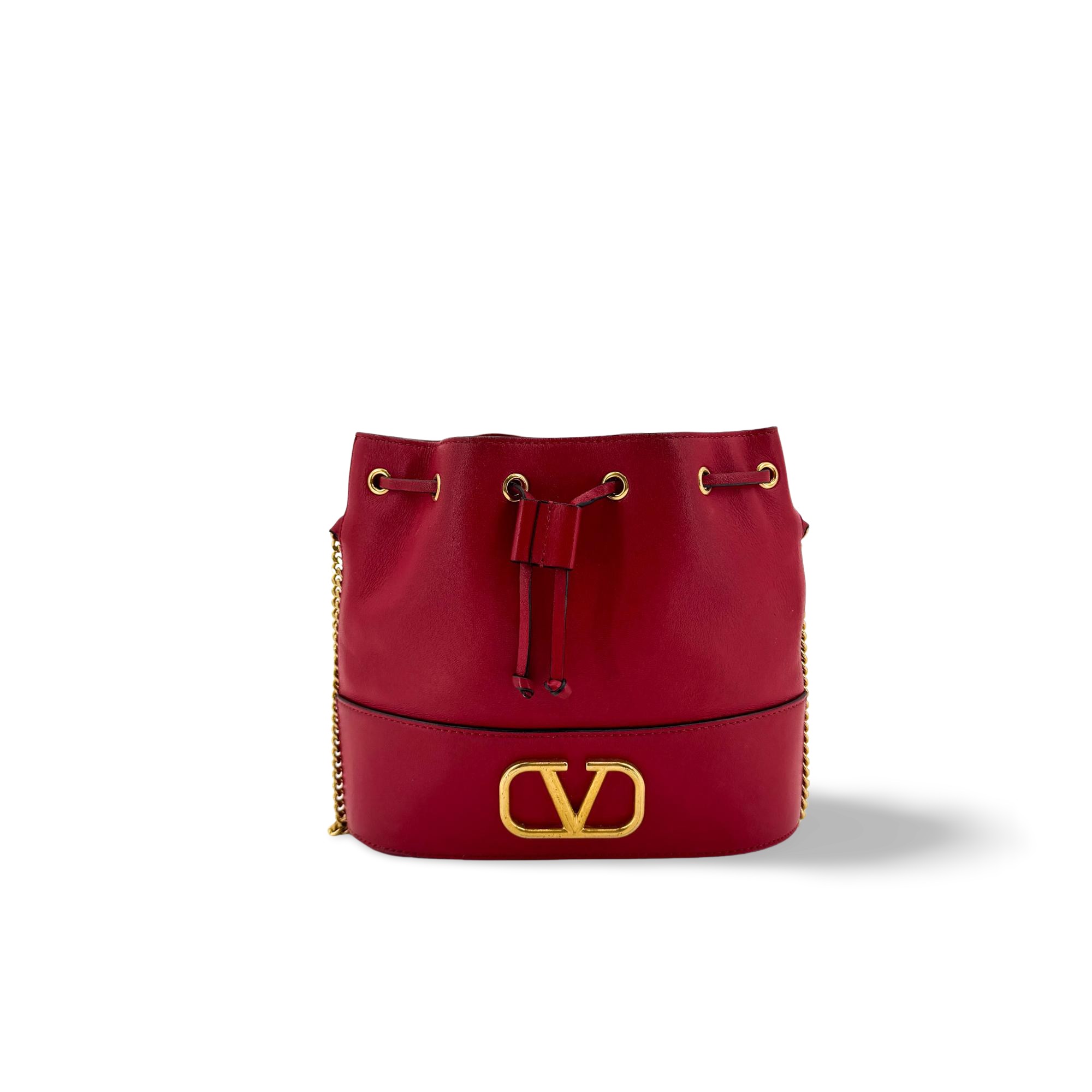 Valentino Garavani Vlogo Drawstring Bucket Leather Gold Leather Clutche & Pouche Bag (Pre-Owned)