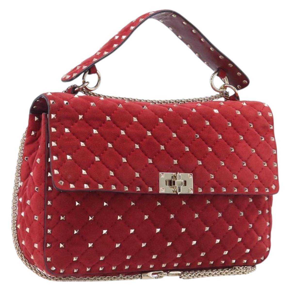 Valentino Garavani Rockstud Spike Flap Quilted Suede Red Suede Handbag (Pre-Owned)