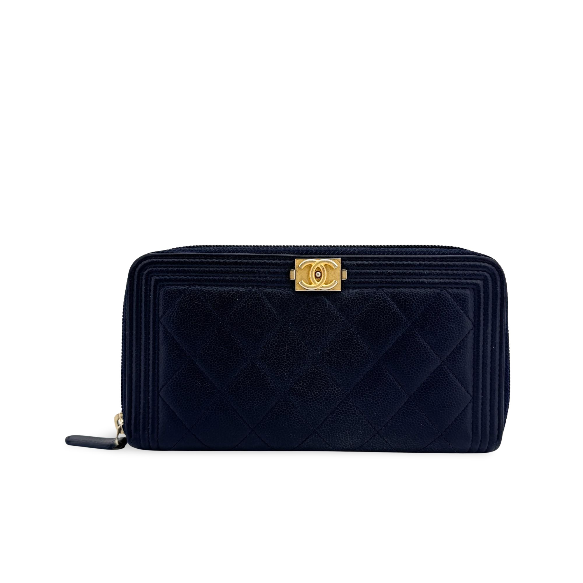 Chanel Boy Zip Around Quilted Caviar Black Leather Wallets Accessory (Pre-Owned)